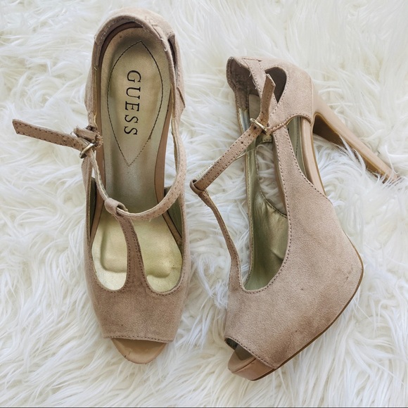 Guess | Nude T-Strap Suede Heels - Picture 2 of 7